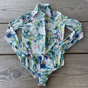 Vintage 1970’s Collared Long Sleeve Snap Bodysuit Women’s Small Floral Retro